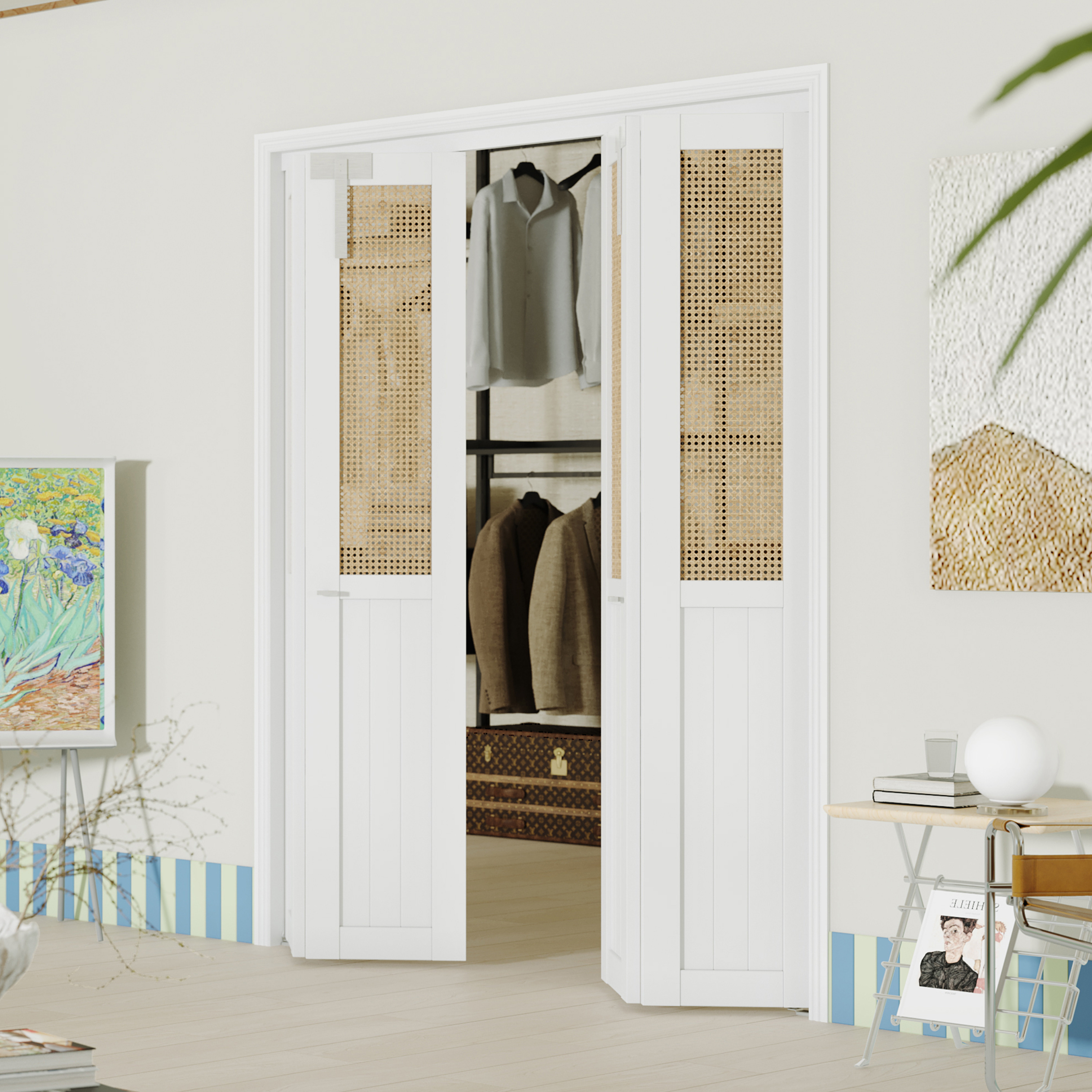 DOOOLI Rattan Bifold Doors - Webbing And Wood Design Interior Door